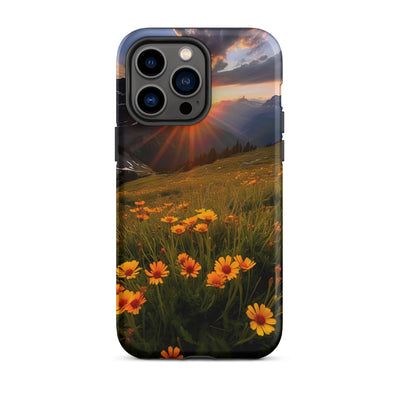 Gebirge, Sonnenblumen und Sonnenaufgang - iPhone Schutzhülle (robust) berge xxx iPhone 14 Pro Max