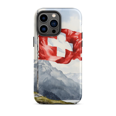 Schweizer Flagge und Berge im Hintergrund - Epische Stimmung - Malerei - iPhone Schutzhülle (robust) berge xxx iPhone 14 Pro Max