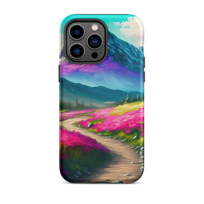 Berg, pinke Blumen und Wanderweg - Landschaftsmalerei - iPhone Schutzhülle (robust) berge xxx iPhone 14 Pro Max