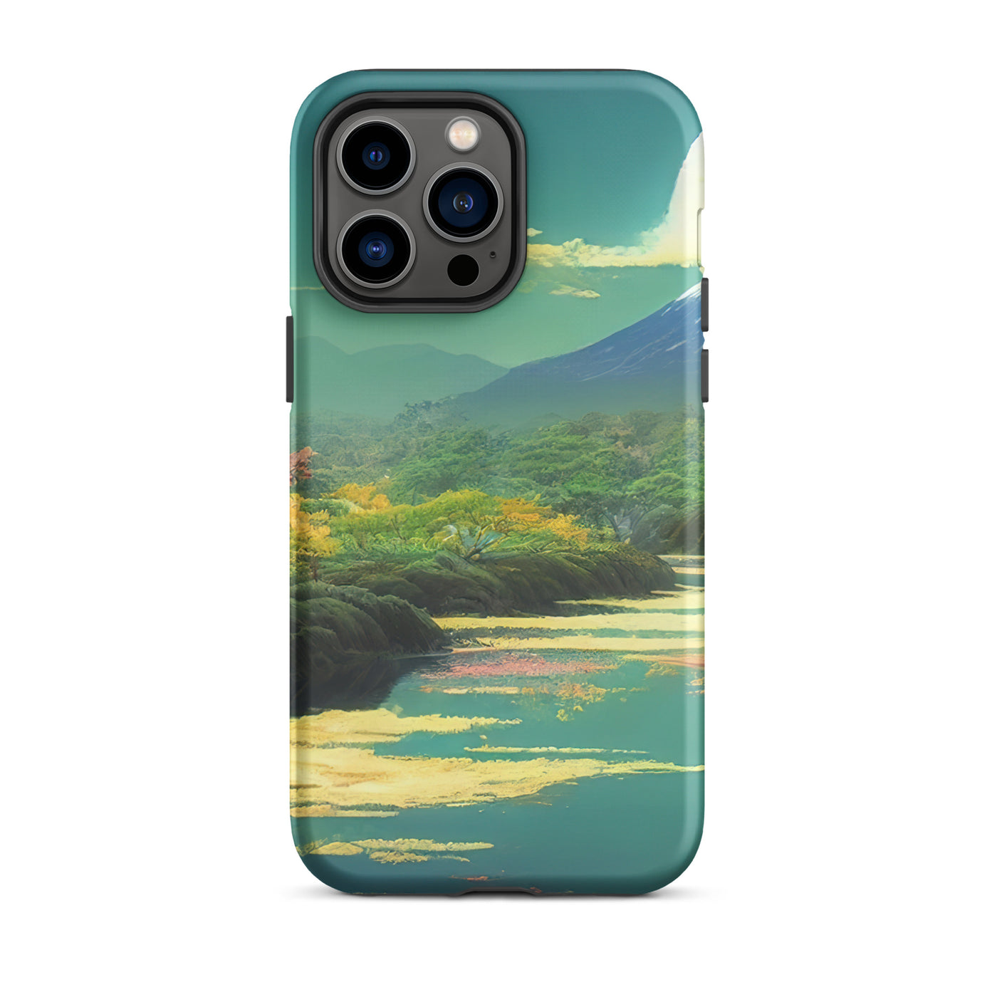 Berg, See und Wald mit pinken Bäumen - Landschaftsmalerei - iPhone Schutzhülle (robust) berge xxx iPhone 14 Pro Max