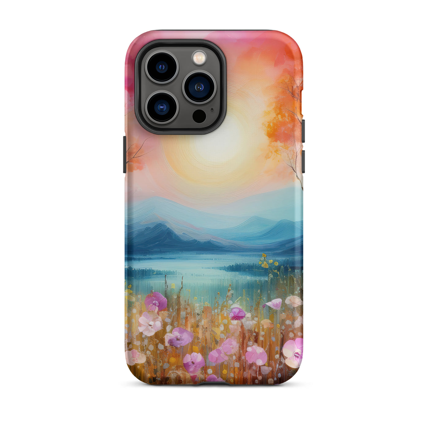 Berge, See, pinke Bäume und Blumen - Malerei - iPhone Schutzhülle (robust) berge xxx iPhone 14 Pro Max