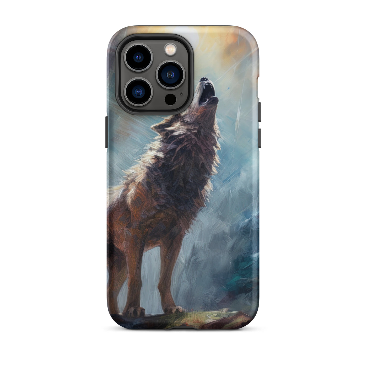 Heulender Wolf auf Berggipfel und Mond im Hintergrund – Abstrakte Malerei - iPhone Schutzhülle (robust) camping xxx iPhone 14 Pro Max