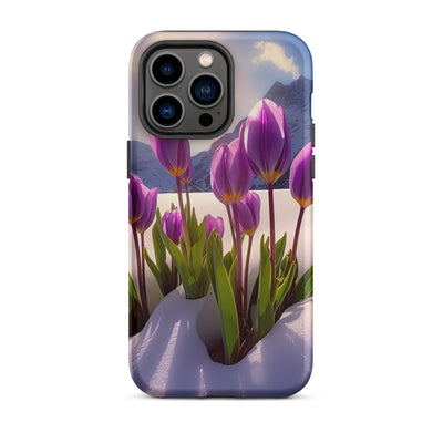 Tulpen im Schnee und in den Bergen - Blumen im Winter - iPhone Schutzhülle (robust) berge xxx iPhone 14 Pro Max