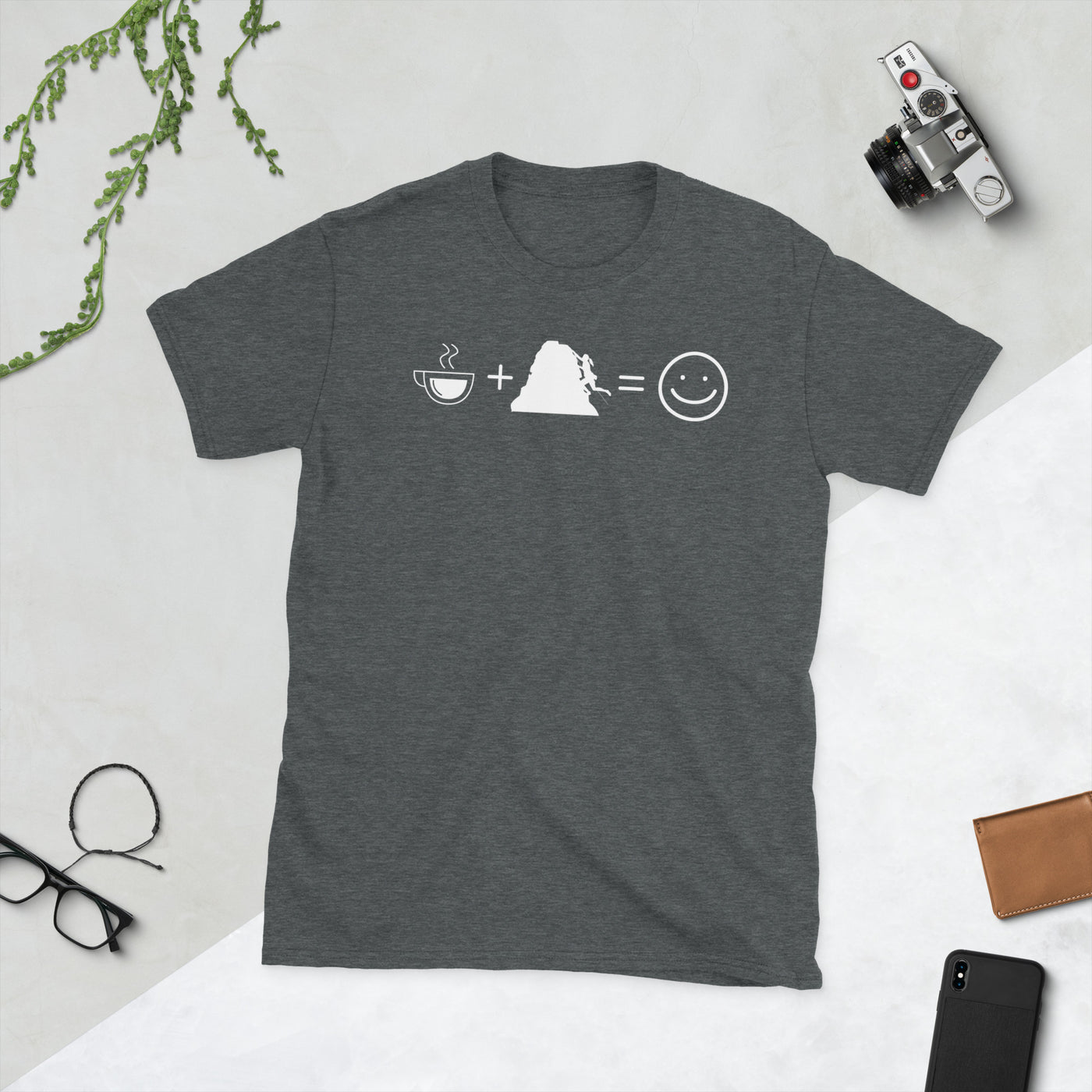 Kaffee, Lächeln Und Klettern 1 - T-Shirt (Unisex) klettern Dark Heather