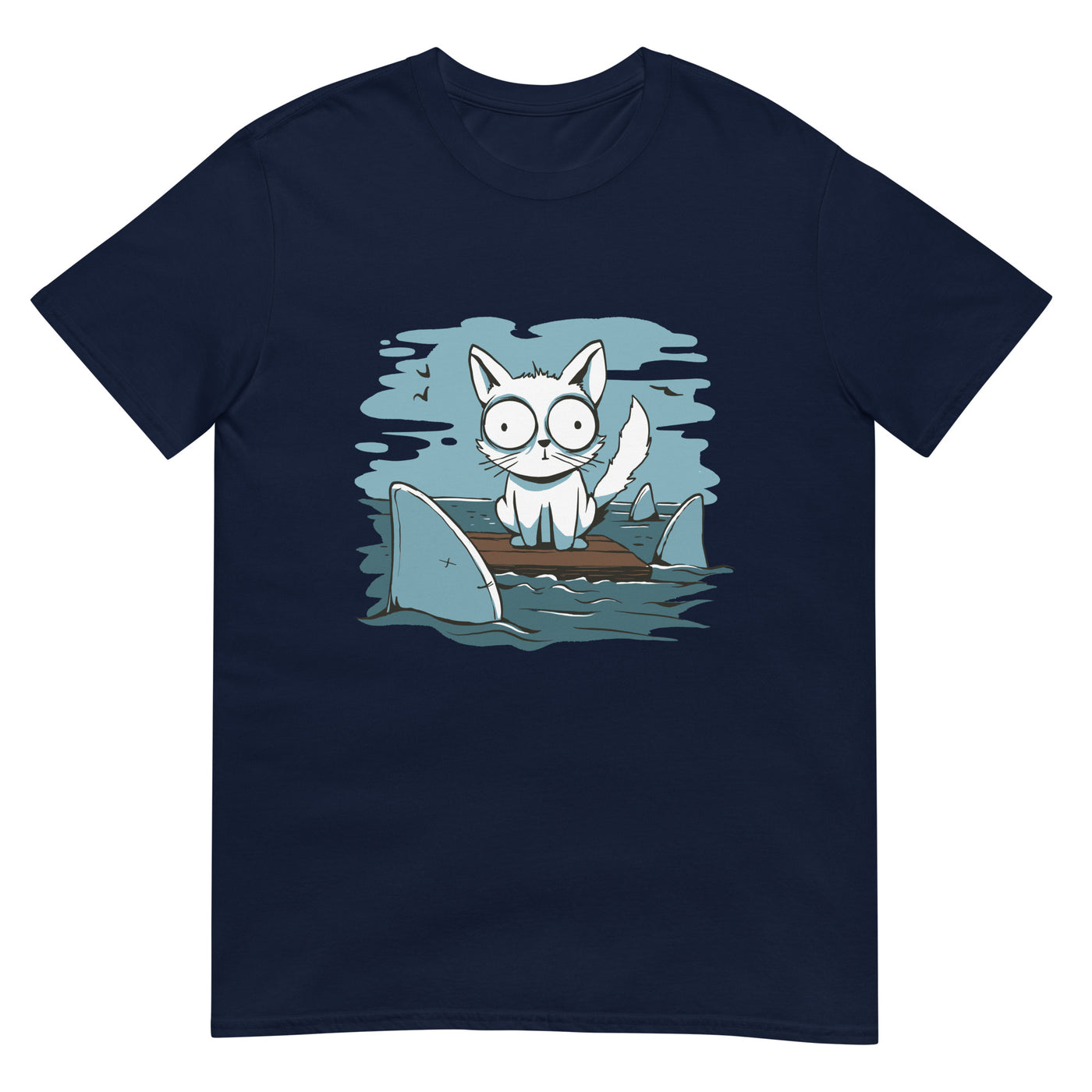 Ängstliche Katze auf Floß umgeben von Haien - Herren T-Shirt Other_Niches xxx yyy zzz Navy