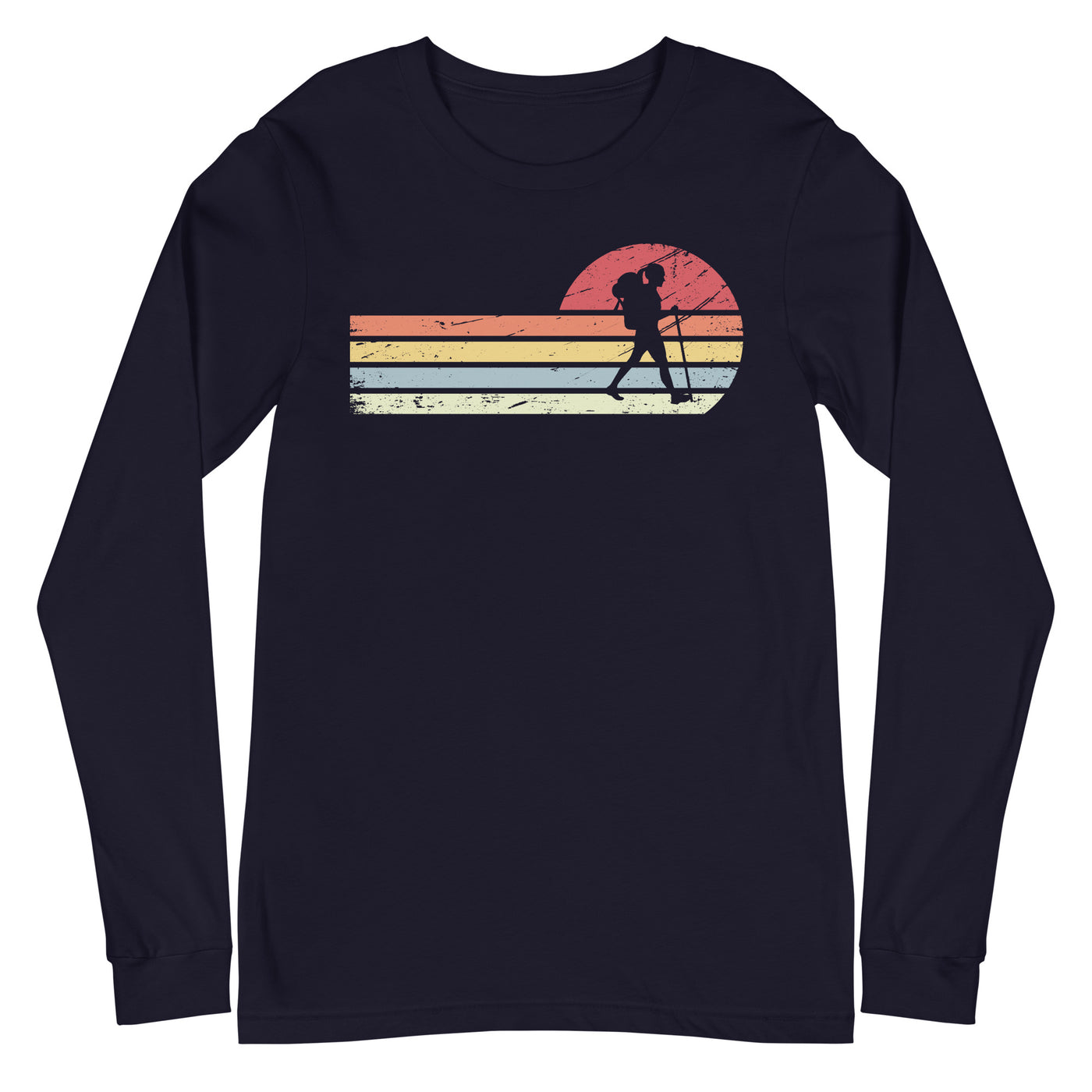 Sonne_und_Retro_Linies_-_Frau_Wandern_-_(W) - Unisex Long Sleeve Tee | Bella + Canvas 3501 xxx yyy zzz Navy