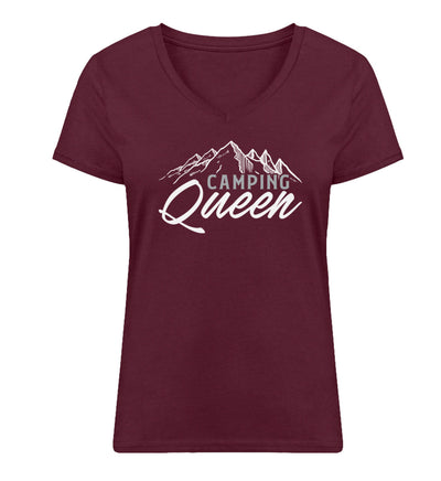 Camping Queen - Damen Organic V-Neck Shirt camping Weinrot