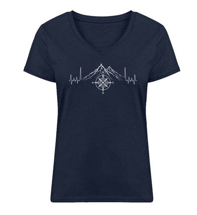 Herzschlag Berge und Kompass - Damen Organic V-Neck Shirt berge camping wandern Navyblau