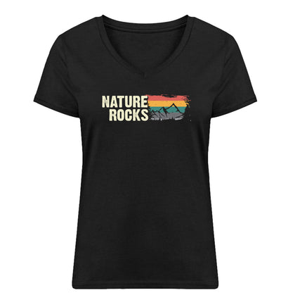 Nature Rocks - Damen Organic V-Neck Shirt berge camping wandern Schwarz