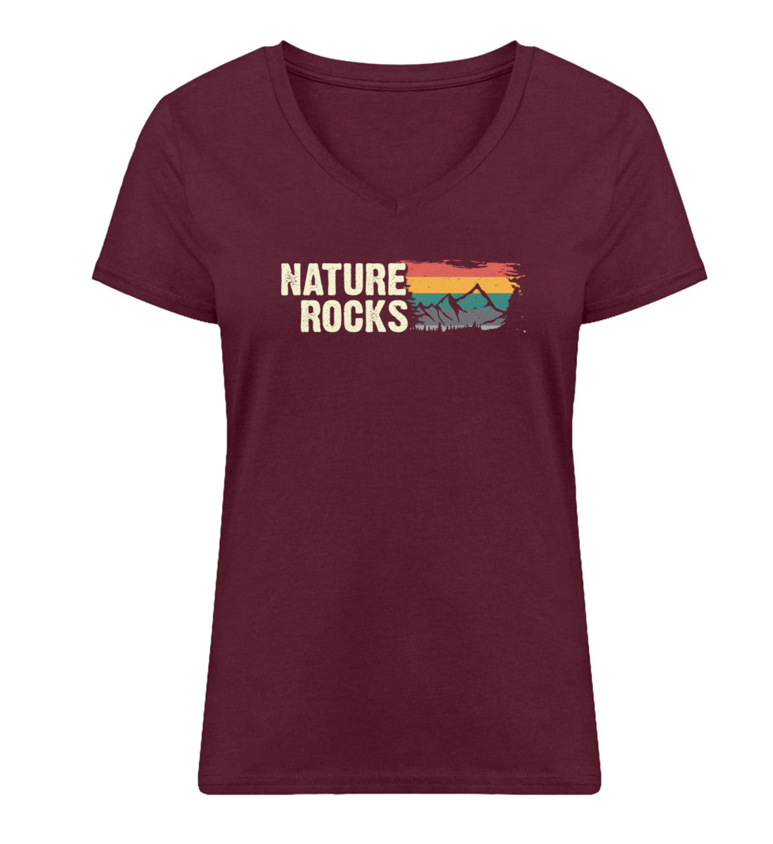 Nature Rocks - Damen Organic V-Neck Shirt berge camping wandern Weinrot