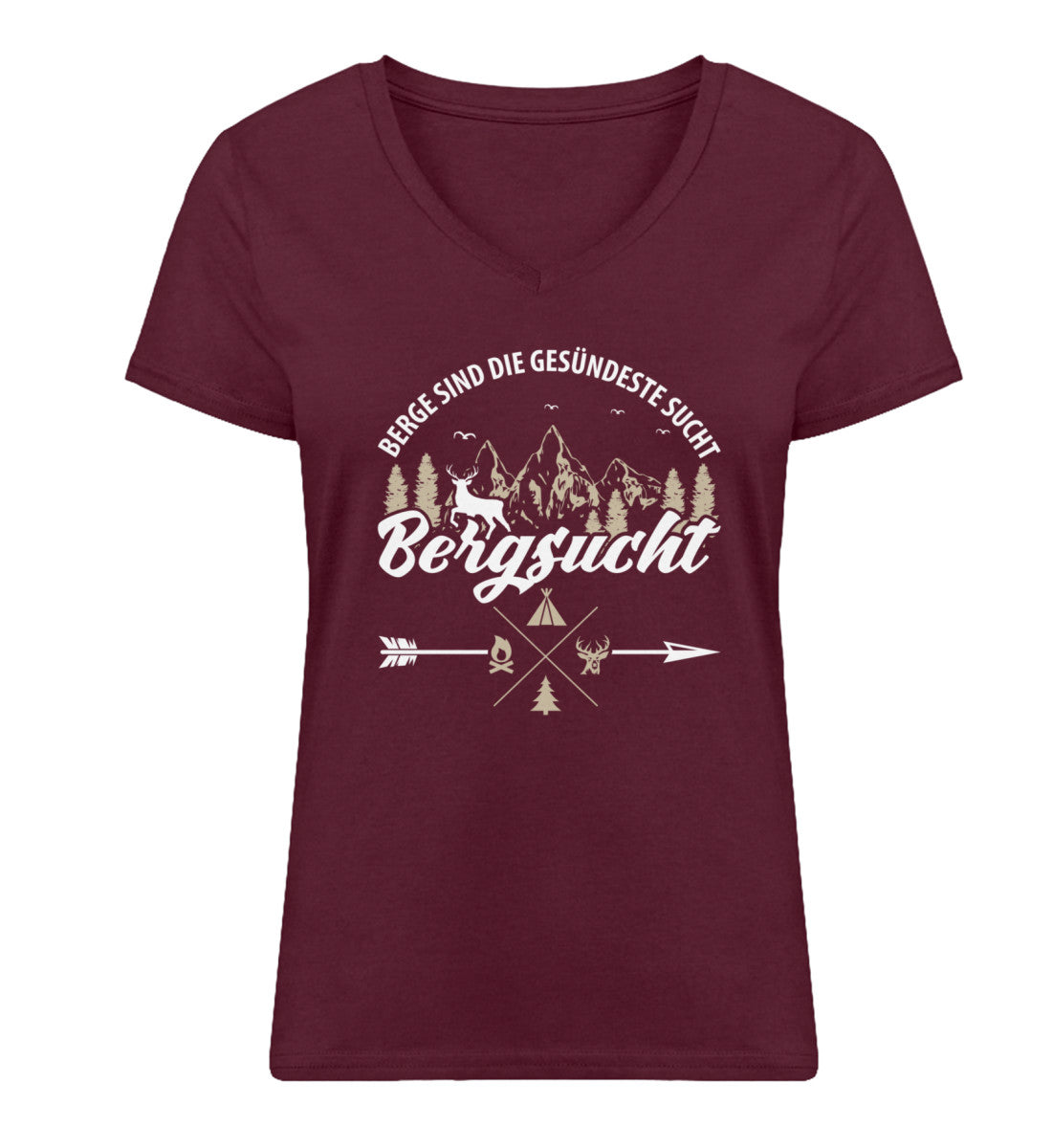 Bergsucht - Damen Organic V-Neck Shirt berge klettern Weinrot