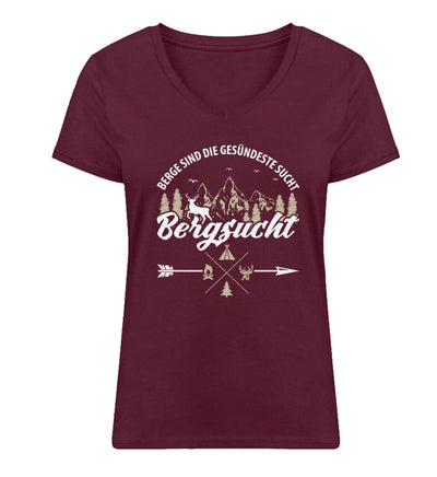 Bergsucht - Damen Organic V-Neck Shirt berge klettern Weinrot