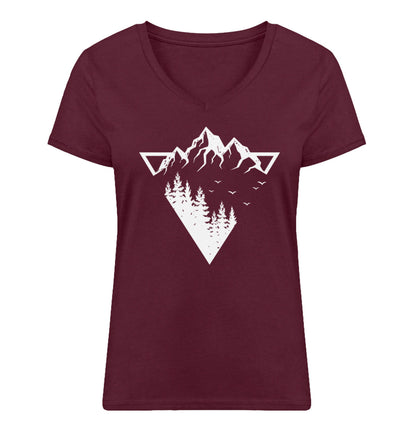 Berge - Geometrisch - Damen Organic V-Neck Shirt berge camping wandern Weinrot