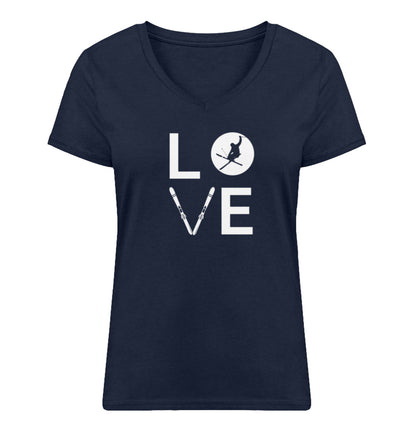 LOVE - Damen Organic V-Neck Shirt ski Navyblau