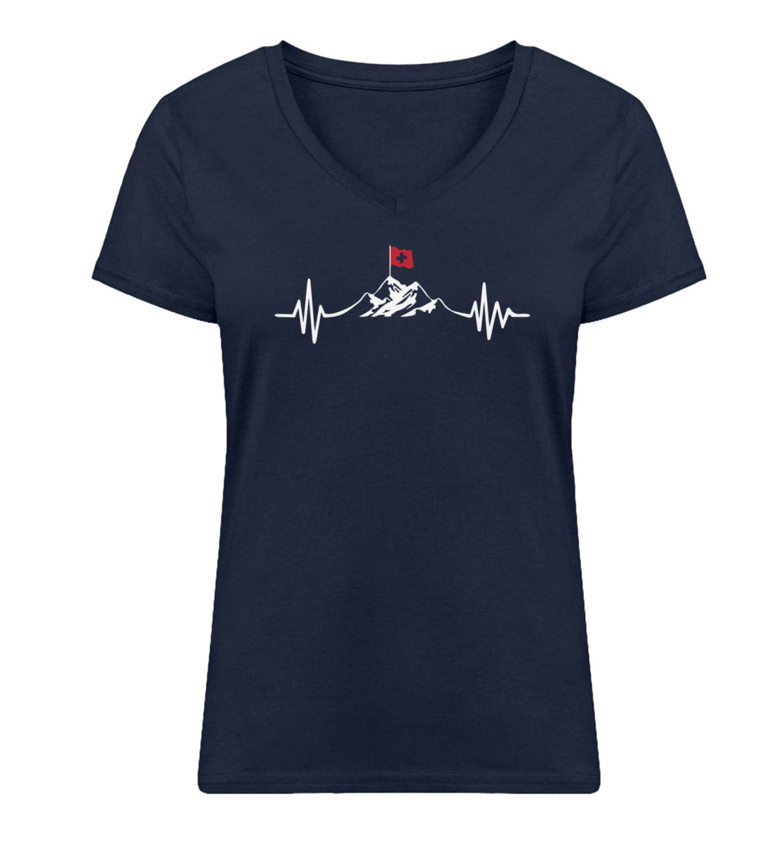 Herzschlag Berge und Schweizer Flagge - Damen Organic V-Neck Shirt berge wandern Navyblau