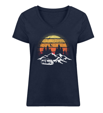 Wohnmobil Sonne Vintage - Damen Organic V-Neck Shirt camping Navyblau
