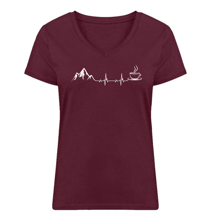 Herzschlag - Berge und Kaffee - Damen Organic V-Neck Shirt berge wandern Weinrot