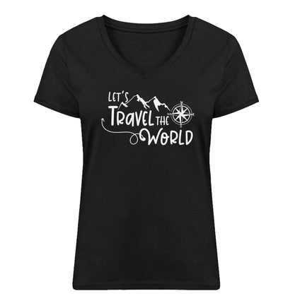 Lets travel the world - Damen Organic V-Neck Shirt camping wandern Schwarz