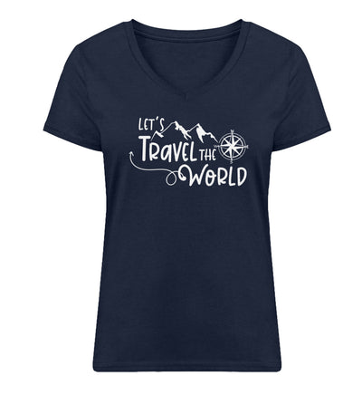 Lets travel the world - Damen Organic V-Neck Shirt camping wandern Navyblau