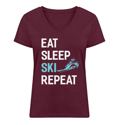 Eat Sleep Ski Repeat - Damen Organic V-Neck Shirt klettern Weinrot