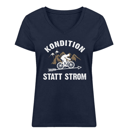 Kondition statt Strom - Damen Organic V-Neck Shirt fahrrad mountainbike Navyblau