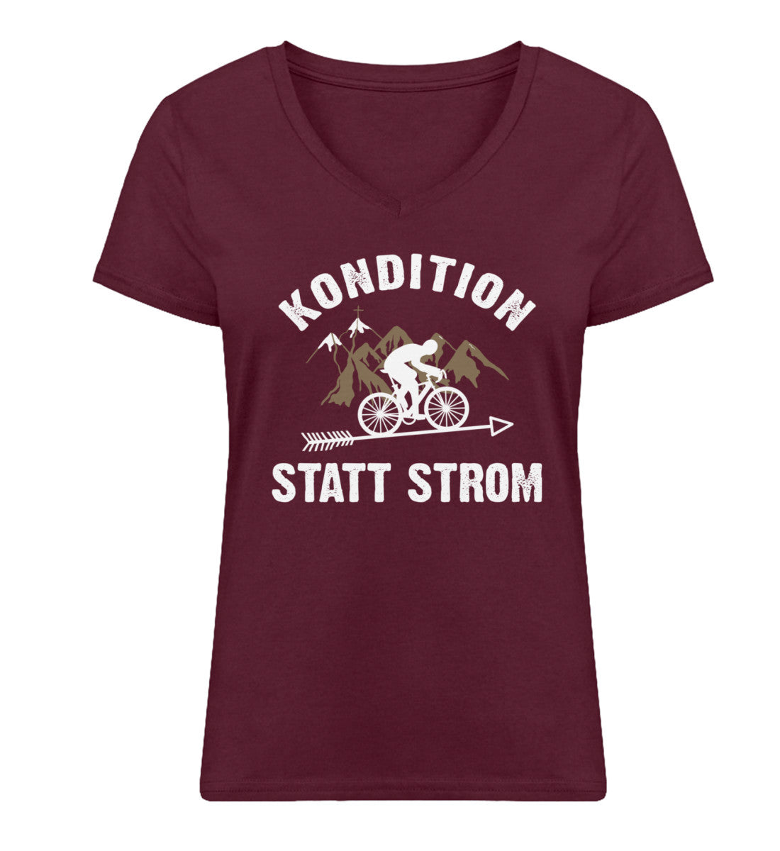 Kondition statt Strom - Damen Organic V-Neck Shirt fahrrad mountainbike Weinrot