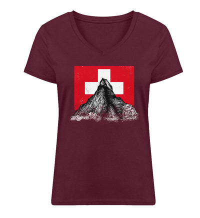 Walliser Alpen Schweiz - Damen Organic V-Neck Shirt Weinrot