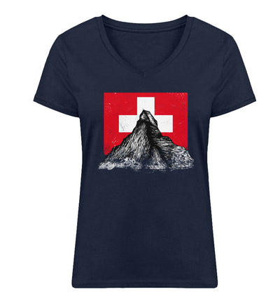 Walliser Alpen Schweiz - Damen Organic V-Neck Shirt Navyblau